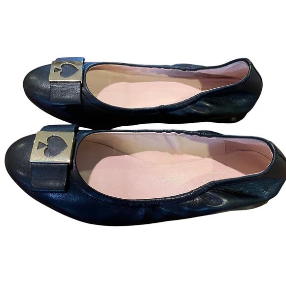 Kate Spade Maline Black Bow Leather Ballet Flats, Gold Spade Detail, Size 6.5M - Picture 3 of 8